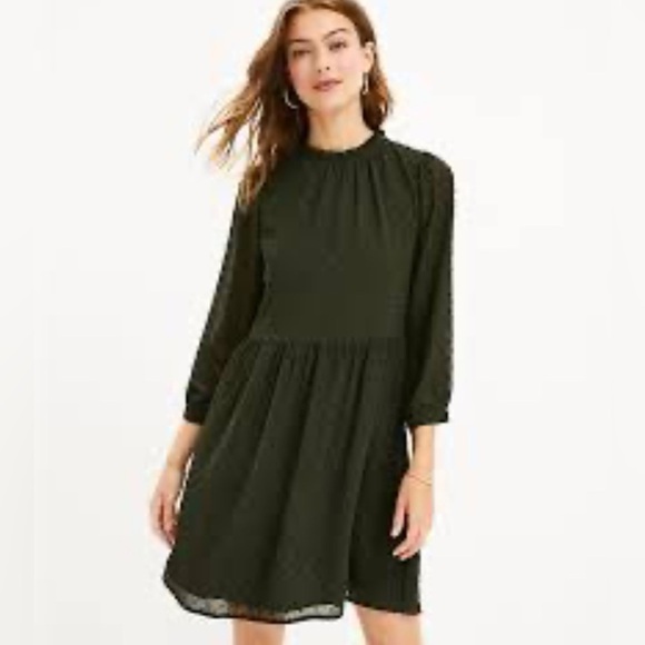 Loft Army Green Long Sleeved Swiss Dot Swing Dress Small Petite Casual Modest - Picture 1 of 12